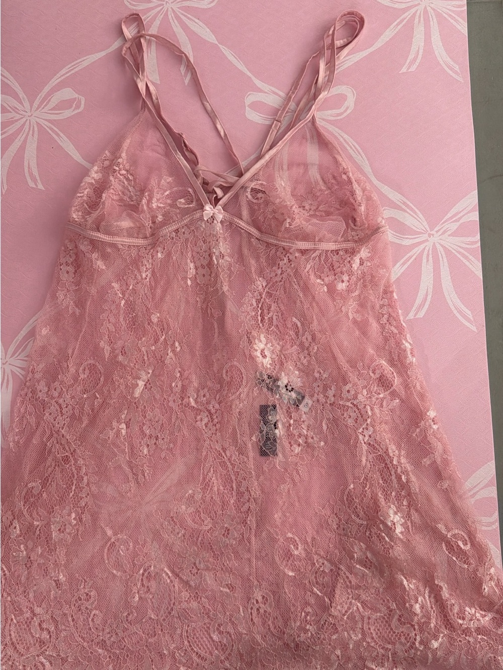 Adore Me Pink Sheer Lace Chemise with Crisscross Straps